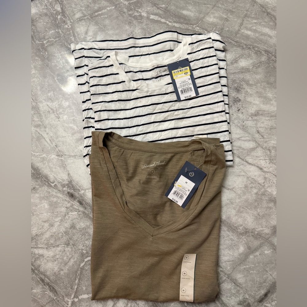 Set of 2 Short Sleeve Tees - Universal Thread Light Brown Tee & White Striped